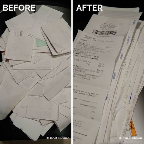 Here are some tips to organize receipts–you, your bookkeeper, your CPA, and your professional organizer will appreciate having the receipts unfolded, like-with-like, and all in the same direction. #organizer #professionalorganizer Organize Receipts, At The Gas Station, Receipt Organization, File Organiser, File Box, Dry Cleaners, Bathroom Remodel Ideas, Professional Organizer, How To Organize