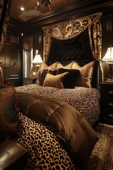 Luxurious bedroom with leopard print bedding, ornate pillows, and elegant lighting. Velvet Bedding Bedroom Ideas, Room Inspo Leopard Print, Mob Wife Bedroom, Leopard Print Bedroom Aesthetic, Cheetah Print Bedroom Aesthetic, Leopard Print Room Aesthetic, Capricorn Bedroom Aesthetic, All Black Bedroom Ideas For Women, Golden Room Aesthetic