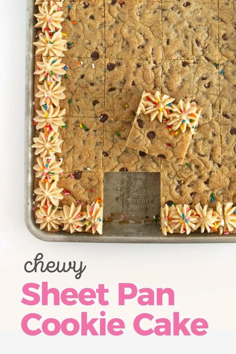 This chewy sheet pan cookie cake is the perfect birthday treat for a crowd! Bake in a rimmed half sheet cookie sheet to feed 24-36 people! Sheet Pan Cookie Cake, Homemade Cookie Cakes, Giant Cookie Cake, Giant Chocolate Chip Cookie, Pan Cookies, Canned Frosting, Cookie Sandwiches, Homemade Cookie, Chocolate Chip Cookie Cake