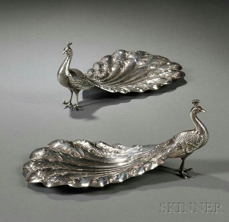 Pair of Gorham Sterling Silver Peacock Dishes. Decorating With Silver Pieces, Gold Dishes, Silver Silverware, Silver Articles, Pair Of, Temple Design For Home, Pooja Items, Silver Pooja Items, Silver Bowl