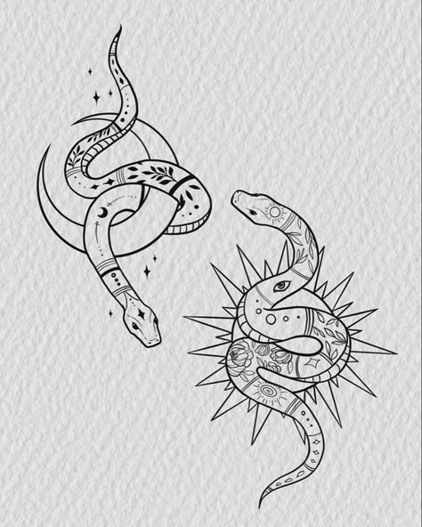 Tribal sun and moon inspired snake tattoo art for best friends or sisters Tattoo Sonne, Small Snake Tattoo, Partner Tattoos, Maching Tattoos, Cute Matching Tattoos, Matching Friend Tattoos, Small Matching Tattoos, Matching Tats, Tattoos Infinity