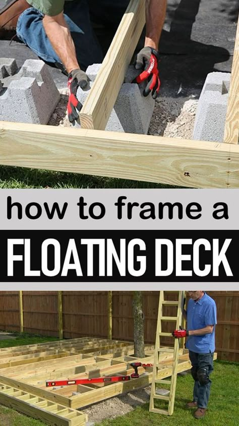 Building A Deck Frame, Floating Deck Plans, Ground Level Deck, Building A Floating Deck, Deck Building Plans, Deck Steps, Floating Deck, Wooden Deck, Deck Building