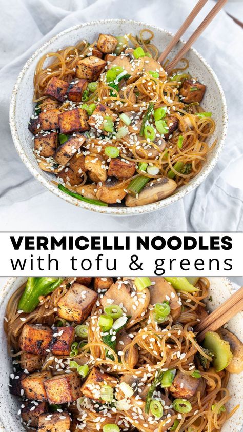 These vermicelli noodles with miso-tamari sauce, tofu and greens, are the perfect comfort dish, full of flavour and ready in less than 30 minutes. Great meal for the whole family! Vegan & gluten-free. Tofu Vermicelli Recipes, Vermicelli Tofu Recipes, Tofu Vermicelli Bowl, Vegan Vermicelli Recipes, Tofu Vermicelli, Vermicelli Bowl, Noodles With Tofu, Nice Meals, New Years Food