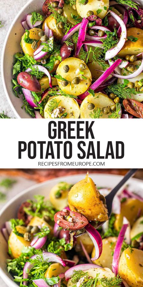 Want to make a delicious Greek Potato Salad? This salad - made with dill, capers, and olive oil - is easy to make and full of flavor! Greek Potatoes Salad, Greek Potato Salad, Potato Salad Dill, Octopus Salad, Greek Potatoes, Onion Salad, Greek Cooking, Potatoe Salad Recipe, Vegetable Side