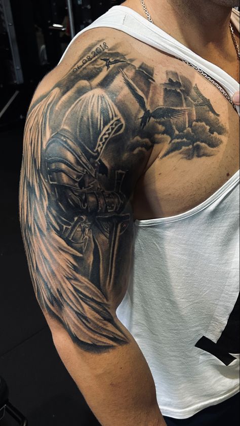 Front Shoulder Tattoos, Warrior Tattoo Sleeve, Soldier Tattoo, Half Sleeve Tattoos Forearm, Spartan Tattoo, Realistic Tattoo Sleeve, Mens Shoulder Tattoo, Warrior Tattoos, Half Sleeve Tattoos For Guys