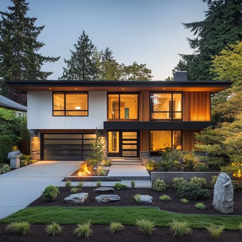 Mid Century Modern Second Story Addition, Two Story Mcm House, Midwest Modern Home, Mid Century Modern House 2 Story, Mid Century Modern Exterior Design, Mid Century Architecture Exterior, Two Story Mid Century Modern House, Contemporary Colonial Exterior, 2 Story Mid Century Modern House