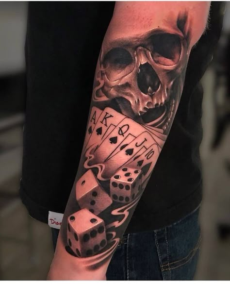 Skull And Cards Tattoo Design, Wrist Sleeve Tattoo Men, Hustle Tattoo For Men, One Life One Chance Tattoo, Lifes A Gamble Tattoo, Hustle Tattoo, Dice Tattoos, Poker Tattoo, Ace Of Spades Tattoo