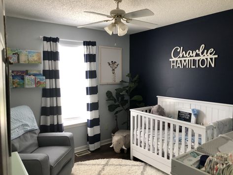 Navy Grey Nursery, Navy Blue And White Nursery, Navy And Gray Nursery, Baby Boy Nursery Navy Blue, Dark Blue Nursery Ideas, Navy Blue And Grey Nursery, Navy Blue Baby Room, Navy Nursery Ideas, Navy Blue Nursery Boy