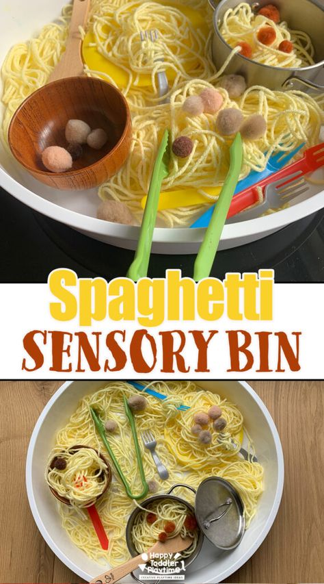 Spaghetti Sensory Bin for Toddlers and Preschoolers - Happy Toddler Playtime Cute Sensory Bin, Sensory Table Ideas For Preschool Spring, Grocery Sensory Bin, Big Sensory Bin Ideas, Sensory Bin For 2 Year, Honey Sensory Bin, November Preschool Sensory Bin, Phonics Sensory Bin, Tractor Sensory Bin