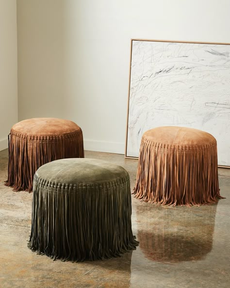 Intentionally designed, expertly crafted. Our collection of genuine suede poufs is elevated by fringe detail, and rich texture. The perfect way to add style and plush comfort to your living space. ✨ Living Room Taupe, Leather Home Accessories, Reupholster Chair Diy, African Style Decor, Fringe Light, Wooden Couch, Interior Design Showroom, Luxury Texture, Lodge Hotel