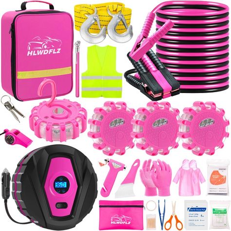 HLWDFLZ Car Emergency Kit with Portable Air Compressor - LED Road Flares Auto Emergency Roadside Assistance Car Kit, Winter Car Safety Roadside Assist Kit for Teen Girl and Ladies L-77 Car Safety Kit, Emergency Car Kit, Roadside Emergency Kit, Pink Tools, Car Emergency Kit, Portable Air Pump, Emergency Survival Kit, Winter Car, Portable Air Compressor