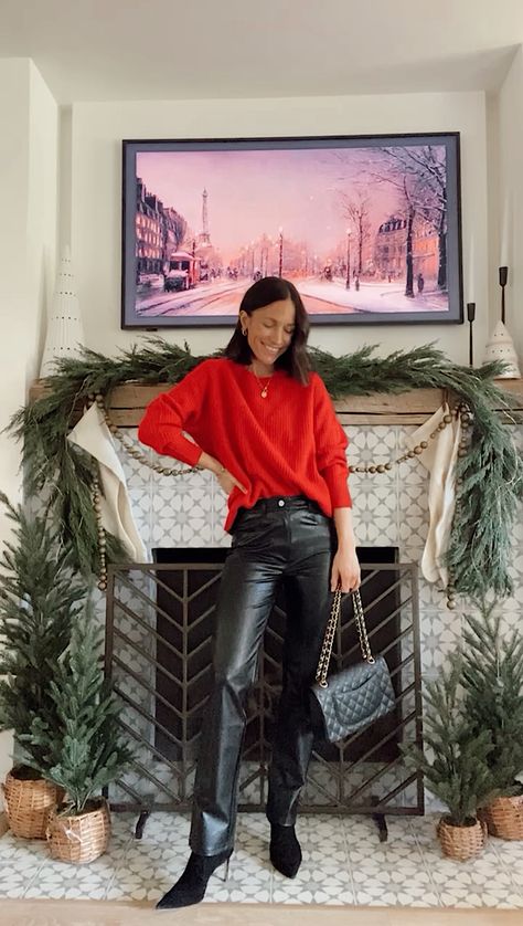 11 Outfits For The Holiday Season - Itsy Bitsy Indulgences Christmas Leather Pants Outfit, Leather Pants Outfit Winter, How To Style Leather Pants, Holiday Outfits Winter, Red Satin Top, Faux Leather Pants Outfit, Rhinestone Outfit, Festive Outfits, Outfit Inso