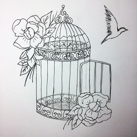 Birdcage Tattoo, Flower Tattoo Stencils, Red Bird Tattoos, Cage Tattoos, Black Bird Tattoo, Flying Bird Tattoo, Tattoo Bird, Bird Sketch, Bird Drawing