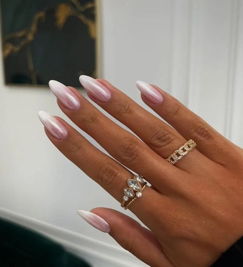 White Ombré Chrome Nails, Ombre French Nails With Chrome, Pink White Ombré Nails With Chrome, White Ombre With Chrome, Almond Nails Ombre French, Glazed Ombre Nails, Baby Boomer Chrome Nails, Sparkly Ombre Acrylic Nails, Round Ombre Nails