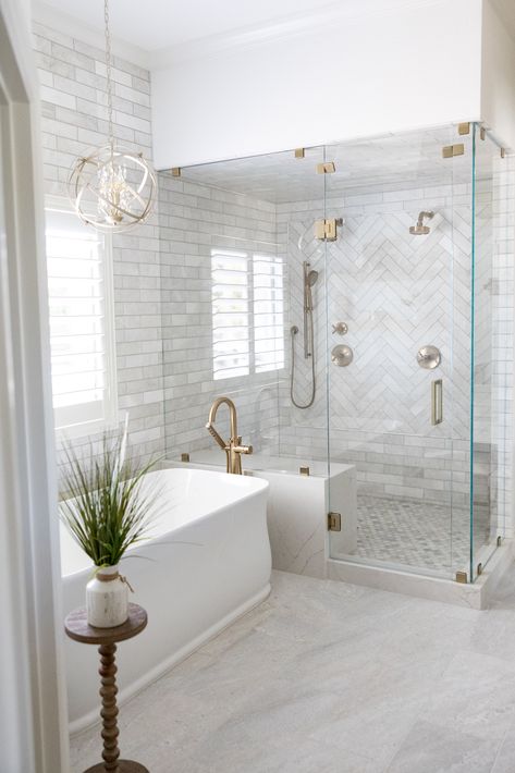 Master Bath Ideas White Cabinets, Large Shower Tile, Parisian Bathroom, White Bathrooms, Ginger Bath, White Marble Bathrooms, Primary Bathroom, Bathroom Remodels, Bathroom Redesign