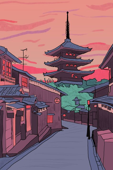 This is an illustration of a landscape in Japan using a retro color palette & hand drawing tools. Town Drawing, Japan Graphic Design, Japan Illustration, Japan Landscape, Anime City, Japanese Drawings, Japan Street, City Background, City Drawing