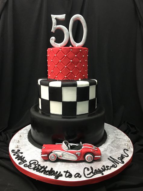 Red, black & white check, Corvette hand modeled car for a 50th birthday party. 50th Birthday Party Ideas For Men Classic Cars, Corvette Cakes For Men, Classic Car Cakes For Men, 50s Theme Birthday Party, Classic Car Cake, 65 Birthday Ideas, Men Birthday Party Theme, 70th Birthday Cake For Men, Corvette Cake