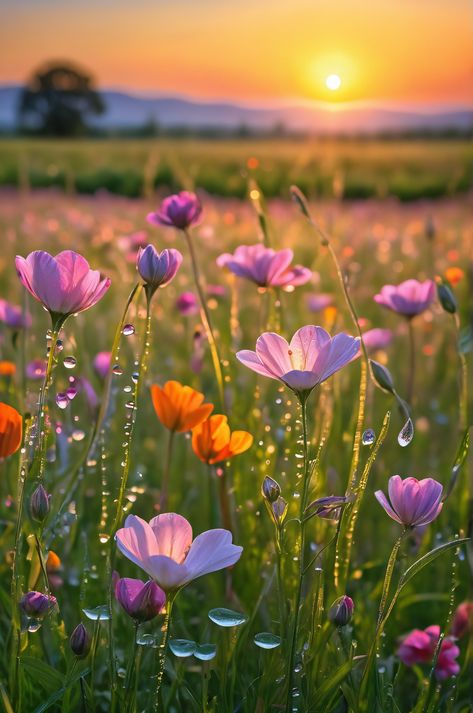 A breathtaking sunrise illuminates a vibrant meadow filled with dew-kissed flowers. This Ultra HD image captures nature's renewal in stunning detail, showcasing a plateau, hot spring, and caldera.  A truly captivating scene! Nature Photography Animals, Spring Blooming Flowers, Spring Trees, Flowers To Paint, Fields Of Flowers, Field Flowers, Rays Of Light, Spring Tree, Field Of Flowers