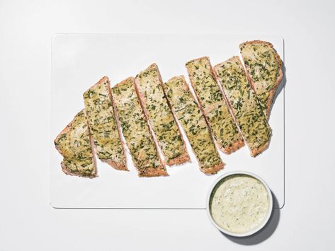 Roast Side of Salmon with Mustard, Tarragon, and Chive Sauce Recipe | Epicurious Salmon With Mustard, Chive Sauce, Side Of Salmon, Delicious Salmon Recipes, Potato Pudding, Hanukkah Food, Food Resources, Winter Dinner, Roasted Salmon