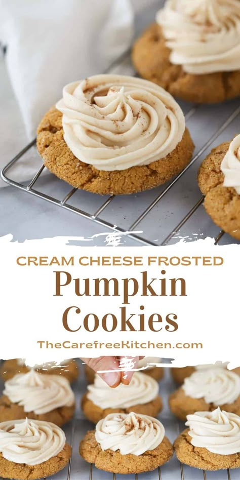 These soft Pumpkin Cookies with Cream Cheese Frosting are a quick and easy fall cookie recipe. The tangy cream cheese frosting pairs perfectly with the sweet pumpkin flavor and chewy texture. #thecarefreekitchen #pumpkin #pumpkincookies #creamcheese #frosting #fall #baking #cookies #dessert Cream Cheese Frosted Pumpkin Cookies, Pumpkin And Cream Cheese Cookies, Cookies Recipes Cream Cheese, Pumpkin Cookie With Cream Cheese Icing, Icing For Pumpkin Cookies, Pumpkin Cookies With Maple Frosting, Pumpkin Cookies Cream Cheese Frosting, Pumpkin Cookies With Cream Cheese Icing, Cream Cheese Cookie Frosting