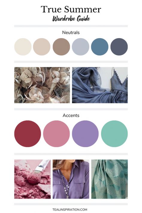 True Summer Wardrobe, True Summer Colors, True Summer Palette, True Summer Color Palette, Summer Skin Tone, Color Analysis Summer, Cool True Summer, True Spring Colors, Cool Summer Palette