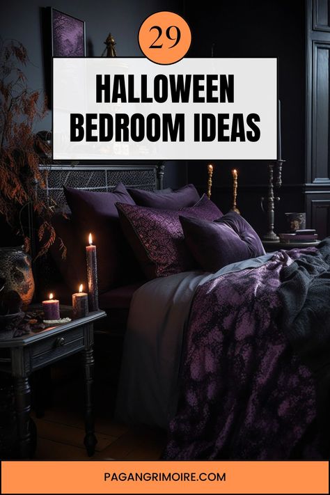 Looking to give your bedroom a Halloween twist? Discover inspirational ideas to create a spooky, cozy, and stylish space perfect for Halloween lovers all year round! 🎃🖤👻 #HalloweenDecor #SpookyBedroom #FallAesthetic #HomeDecorIdeas #CozyVibes Halloween Master Bed, Halloween Guest Bedroom, Loft Conversion Ideas Layout, Goth Home Aesthetic, Halloween Bedroom Ideas, Witchy Room Aesthetic, Halloween Themed Bedroom, Goth Bedroom Ideas, Spooky Bedroom