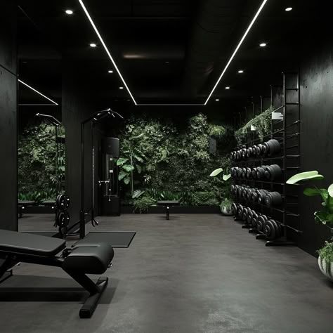 Midjourney Feed Home Gym Aesthetic Black, Basement Gym Black Ceiling, Gym Facilities Design, All Black Gym Interior, Dark Gym Interior, Black Gym Interior Design, Black Home Gym Aesthetic, Black Garage Gym Ideas, Moody Workout Aesthetic