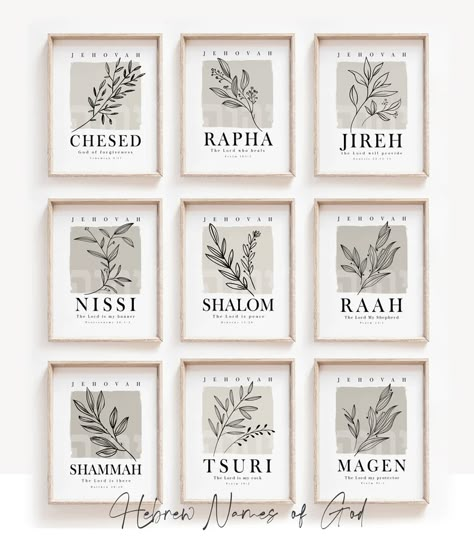 Hebrew Names of God Set of 9 Wall Art Prints Bible Verse - Etsy God Design On Wall, Names Of God Wall Art, Christian House Names, Bible Verse Frame, Bible Verse Wall Art Diy, Names Of God In Hebrew, Yahweh Rapha, Bible Verse Minimalist, The Lord Will Provide