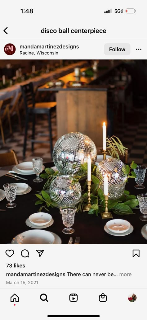 Disco Jungle Centerpiece, Mirror Ball Table Decor, Mirror Ball Centerpiece, Boho Disco Tablescape, Discoball Wedding Tables, Gala Table Settings, Disco Ball Centerpiece Ideas Wedding, Disco Ball Table Decor Party Ideas, Disco Centerpieces Wedding