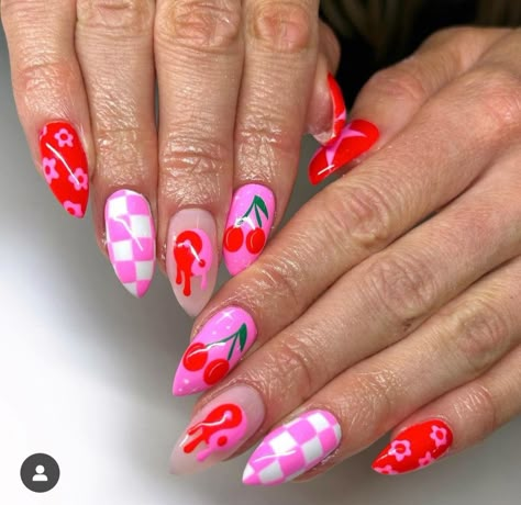 Cherries Nails Designs, Red And Pink Acrylic Nails, Classic Summer Nails, Funky Summer Nails, Nessa Nails, Checkered Nails, Retro Nails, Cherry Nails, Her Nails