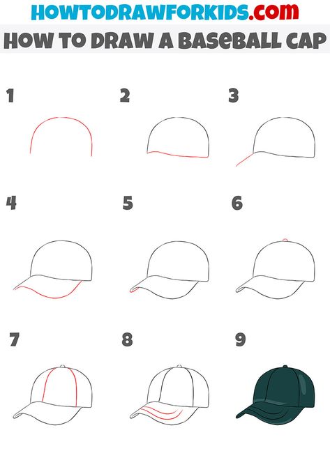 how to draw a baseball cap step by step Baseball Hat Drawing, Directed Drawing Kindergarten, Drawing Hats, Cap Drawing, Baseball Videos, Hat Drawing, Hat Template, Drawing Step By Step, Drawing Heads