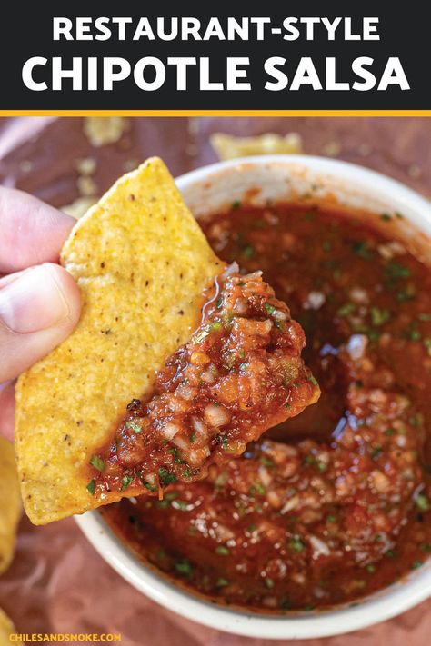 Dip into this flavorful homemade Chipotle Salsa, made with simple ingredients in just 5 minutes. Fire-roasted tomatoes, smoky chipotle peppers, and fiery jalapenos are the base for this perfectly textured salsa that’s ready to be poured into your burritos and garnish your nachos. Grab a bag of tortilla chips and get ready to graze! hop up a few ingredients and add everything to a food processor. The hardest part is pushing the button to blend it, followed by the best part (tasting). Roasted Pepper Salsa Recipe, Good Dip Recipes, Quick And Easy Dips, Roasted Pepper Salsa, Chipotle Salsa Recipe, Chipotle Dip, Best Dips, Chipotle Salsa, Dip For Tortilla Chips