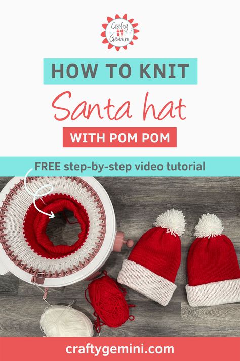 How to knit Santa hat with pom pom Knit Santa Hat Pattern, Knit Santa Hat, Circular Knitting Machine Patterns, Addi Machine, Hat Pattern Knit, Knitting Machine Ideas, Crochet Machine, Circle Loom, Santa Hat Pattern