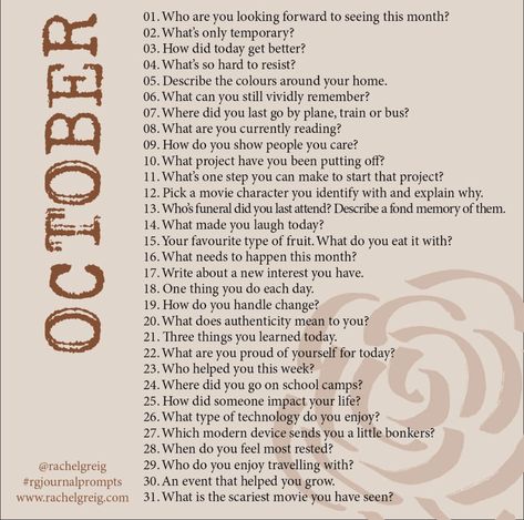 Daily Journal Prompts 365 Questions, October Journal Prompts, Diary Prompts, October Journal, Monthly List, October Writing, 2024 Journal, Bullet Journal Key, Journal Questions