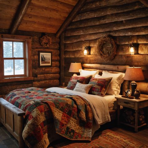 A cozy rustic cabin bedroom with log walls, a stone fireplace, and a quilt-covered bed, offering warmth and charm in a natural setting. #CabinBedroom #Rustic #LogWalls #StoneFireplace #CozyQuilt Cozy Log Cabin Bedroom, Log Cabin Bedroom Decor, Cabin Kids Bedroom, Cabin Bedroom Aesthetic, Ranch House Bedroom, Mountain Cabin Bedroom, Cabin Interiors Cozy, Log Cabin Bedroom Ideas, Cabin Inspired Bedroom