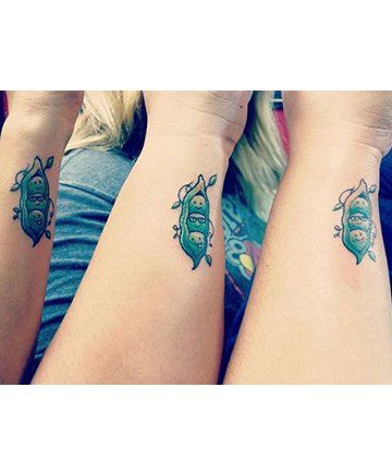 3 Peas In A Pod Tattoo, Two Peas In A Pod Tattoo, Pea Pod Tattoo, Peas In A Pod Tattoo, Three Sister Tattoos, 3 Sister Tattoos, Siblings Tattoo For 3, Friend Tats, 3 Peas In A Pod