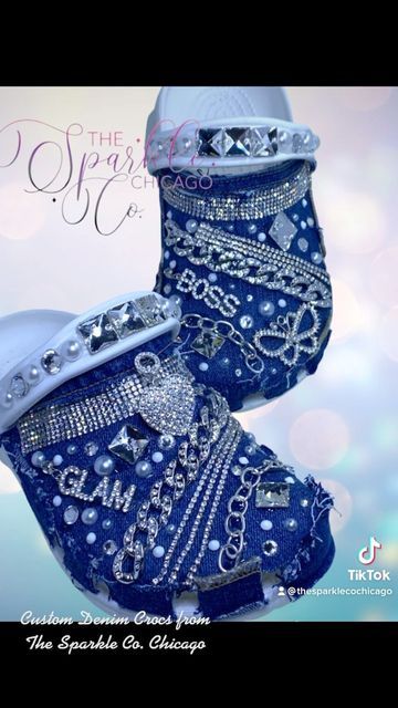 Blue Bling Crocs, Decorated Crocs, Crocs Business, Blinged Out Crocs, Designer Crocs, Croc Ideas, Croc Decorations, Bling Crocs, Black Lace Wedding Dress