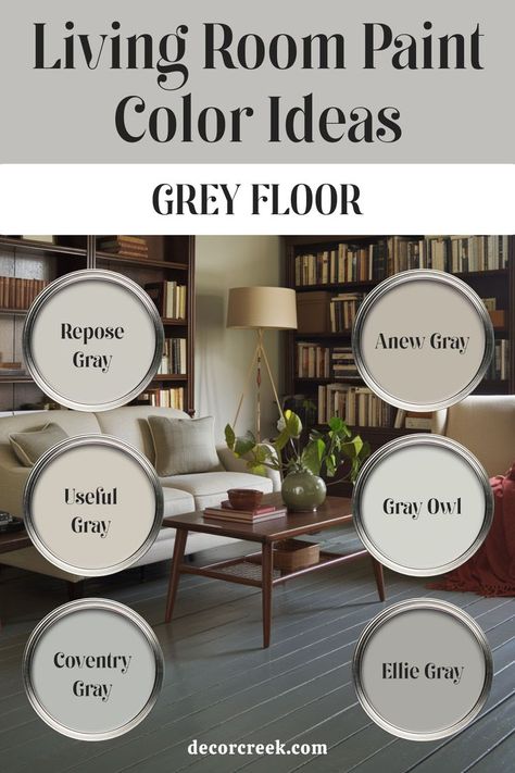 The image displays 6 paint colors suitable for living rooms with gray floors, titled "Living Room Paint Color Ideas Grey Floor." Each color is presented as a circular sample, set against a cozy living room with wooden bookshelves, a neutral sofa, and potted plants. The featured colors are Repose Gray, Anew Gray, Useful Gray, Gray Owl, Coventry Gray, Ellie Gray. Room With Grey Floor, Grey Floor Paint, Best Living Room Paint Color, Gray Living Room Paint Colors, Grey Painted Floor, Rustic Paint Colors, Anew Gray, Living Room Paint Color Ideas, Living Room Paint Color