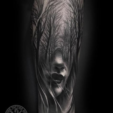 Dark forest tattoo and the bottom half of a woman's face | www.otziapp.com Shoulder Tattoo Girl, Dark Forest Tattoo, Tattoo For Baby Girl, Girl Shoulder Tattoos, Girl Face Tattoo, Realistic Tattoo Sleeve, Forest Tattoos, Realistic Tattoo, Tiny Tattoo