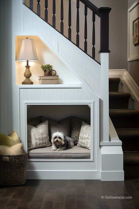 Under-Stairs Dog Rooms That Work Really Well | GoDownsize Dog Nooks, Dog Bed Under Stairs, Under Stairs Dog Room, Dog Room Under The Stairs, Dog Nook Ideas, Dog Spaces In House, Under Stairs Reading Nook, Stairs Reading Nook, Dog Under Stairs