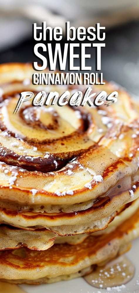 Pancake Recipe Cinnamon Roll, Denny's Cinnamon Roll Pancakes, Cool Pancake Ideas, Pancake Meal Ideas, Pancake Cinnamon Rolls, Cinamoroll Pancakes, Pancake Batter Ideas, Cinnamon Roll Pancakes Easy, Cinnamon Pancake Recipe