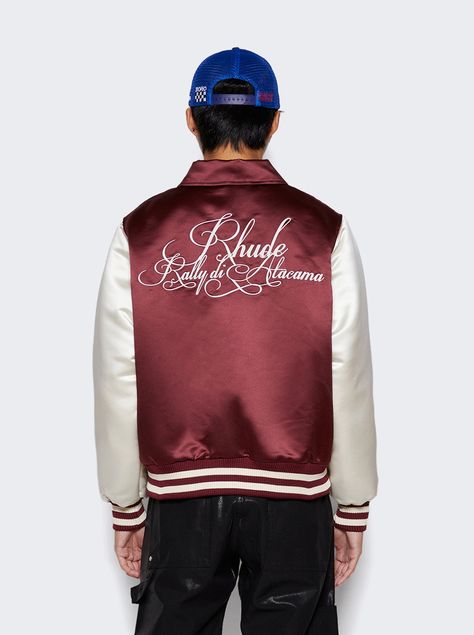 "Find RHUDE Satin Varsity Jacket on Editorialist. Front zipper closure Contrast sleeves Ribbed waist, and cuffs Embroidery on back Dimensions: Model is 6'1\"/185cm and is wearing a size M Composition: 100% polyester; 100% lyocell; 95% polyester, 5% spandex Care: care according to label" Satin Varsity Jacket, Care Care, Front Zipper, Varsity Jacket, Top Brands, Composition, Satin, Spandex, Embroidery