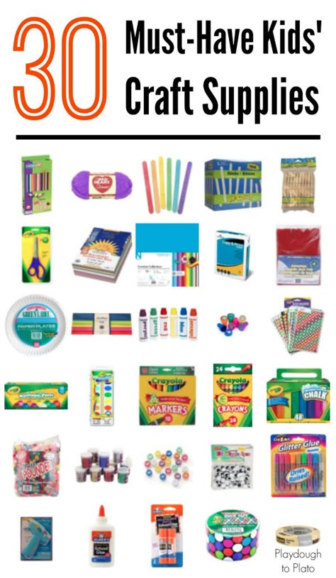 30 must-have kids' craft supplies. A go-to guide for stocking your kids' craft closet. {Playdough to Plato} Kids Craft Box, Teaching Hacks, Playdough To Plato, Kids Craft Supplies, Craft Closet, Art 101, Kids Art Supplies, Fun Arts And Crafts, Classroom Supplies