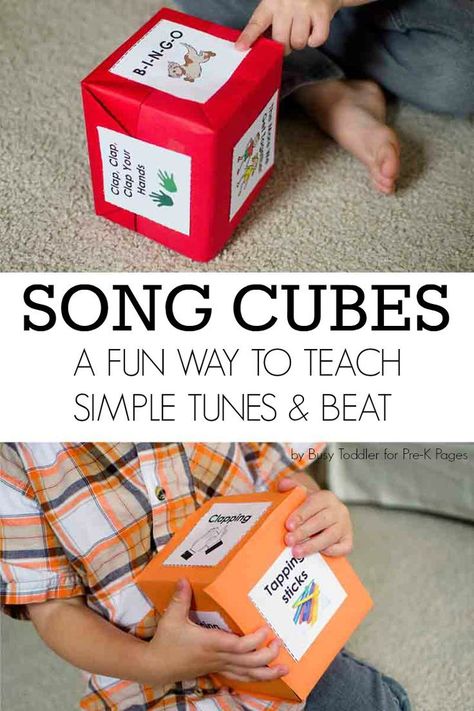 Music with Kids: Song Cubes and Finding the Beat., A super fun way to learn rhythm, beat, and simple tunes for toddlers, preschoolers, pre-k, and kindergarten kids at home or school. Includes free printable too! Learning Piano, Kindergarten Music, Pre K Pages, Kids Song, Preschool Circle Time, Preschool Music, Music Crafts, Movement Activities, Preschool Songs