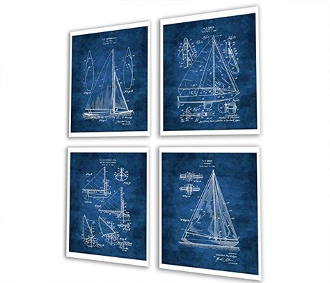 Amazon.com: Sailing Decor Gift Sailboat Blueprint Wall Art Set of 4 Unframed Prints: Posters & Prints Sailboat Blueprint, White And Blue Interior, Blue Interior Decor, Sailing Decor, Nautical Furniture, Sailboat Decor, Nautical Room, Sailing Gifts, Wall Art Set Of 4