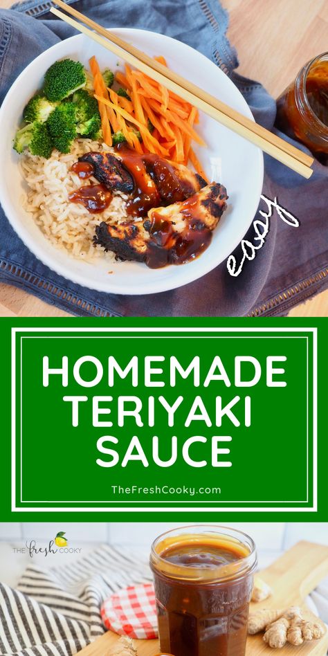 Long pin with top image of teriyaki chicken bowl and bottom image of easy teriyaki sauce in a jar. Teriyaki Sauce Healthy, Teriyaki Sauce Marinade, Honey Teriyaki Sauce, Teriyaki Stir Fry Sauce, Easy Teriyaki Sauce, Easy Teriyaki Sauce Recipe, Teriyaki Chicken Bowls, Gluten Free Teriyaki Sauce, Make Teriyaki Sauce