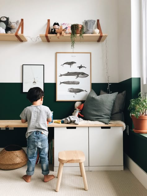 Small Home Tours (Mini): Stephanie's Beautiful Kids Room with Ikea Hack Play Bench — 600sqftandababy Childers Room Ikea, Boy Room With Storage, Ikea Storage Office, Ikea Nordli Desk Hack, Small Bedroom And Playroom Combo, Half Painted Accent Wall, Playroom Ikea Hacks, Kids Room Rugs Boys, Boys Room 6 Yrs Old