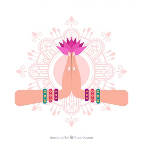 Namaste gesture with mandal and flower F... | Free Vector #Freepik #freevector #flower #design #hand #mandala Asian Design Pattern, Michhami Dukkadam, Namaste Symbol, Namaste Hands, Namaste Art, Yoga Illustration, App Background, Desenho Tattoo, Chakra Meditation