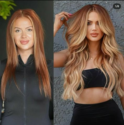 Blonde Vs Copper Hair, Copper Ginger Hair With Blonde Money Piece, Money Piece Balayage Red Hair, Strawberry Blonde Hair Money Piece, Copper And Blonde Curly Hair, Auburn Blonde Hair Color, Dark Copper Red Hair Color Tan Skin, Buttery Caramel Hair, Copper To Blonde Balayage