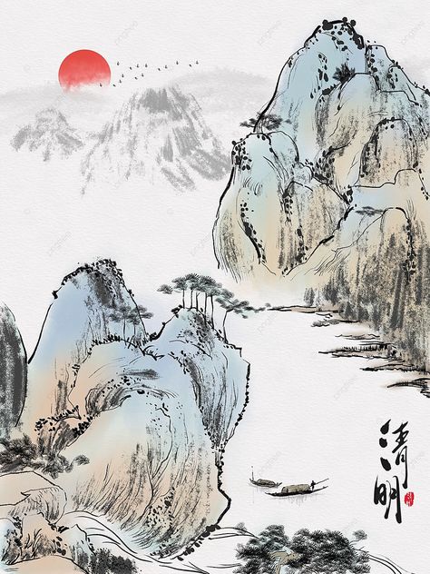 original landscape chinese style traditional chinese painting freehand ink qingming artistic conce Chinese Painting Traditional, Frame Tattoo, Chinese Traditional Art, Asian Style Art, Yuki Onna, Ink And Wash, Traditional Chinese Art, Chinese Illustration, New Year Illustration